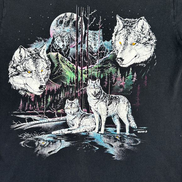 Vintage Wolf Shirt Adult MEDIUM Black Wolves Moon Nature Puff Print 90s - Picture 2 of 7